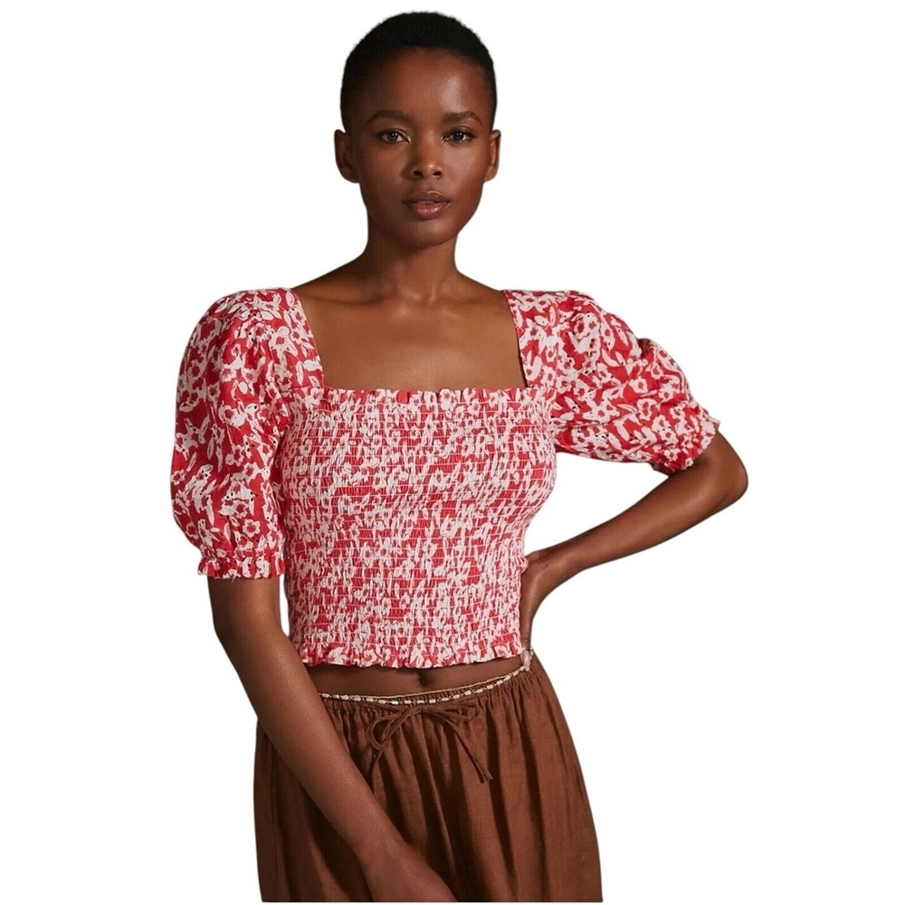 Anthropologie Smocked Eyelet Cropped Top Blouse